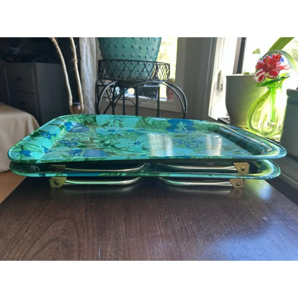 VTG 1960’S-70’S Metal Floral Design TV Tray Table blue green MCM